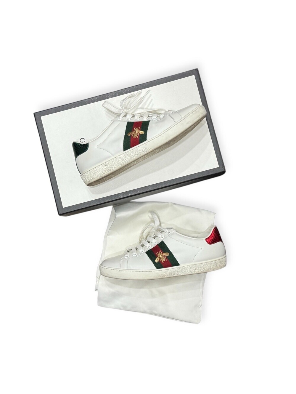 Gucci Ace Bee-Embroidered Fold Down Sneakers White Leather Size 35G (5US)